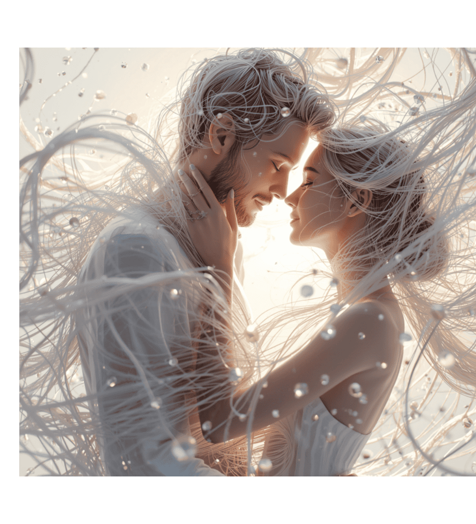 Paar verbunden durch feine energetische Fäden - Symbol für karmische Verbindung.